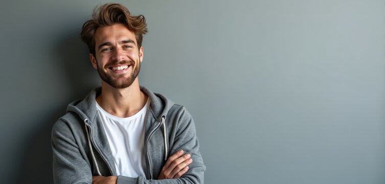 Smiling man leans on grey wall. Guy wears hoodie and smiles. Handsome person posing. He has beard and stylish hair. Male in casual attire looks happy and confident in studio.