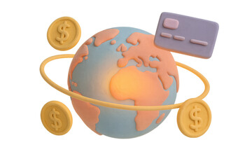 3d globe with currency symbols and credit card illustrating global finance
