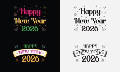 Happy New Year 2026 vector logo collection. Six unique typographic styles, perfect for greeting cards, event posters, and apparel.