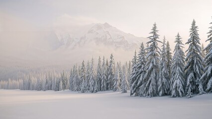 Snow-covered forest with tall pine trees and a mountain range in the background, creating a winter landscape.