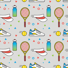 Bright seamless pattern with tennis rackets, shoes, balls, visors, and bottles on a grey background. Sporty, playful design perfect for prints and activewear.. Vector illustration