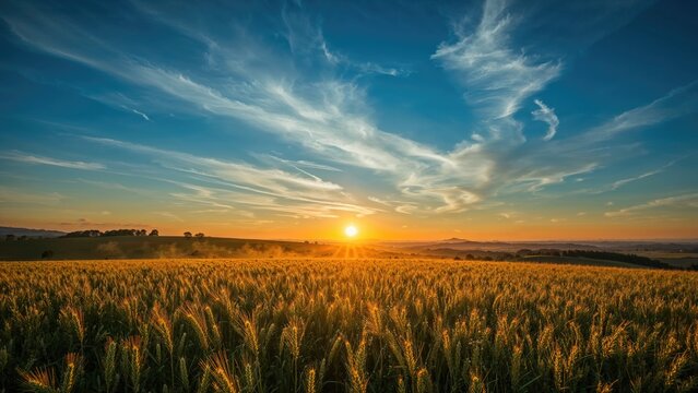 Sunset over a golden wheat field at sunrise or sunset with sky clouds and horizon. Natural landscape scene with vibrant colors.