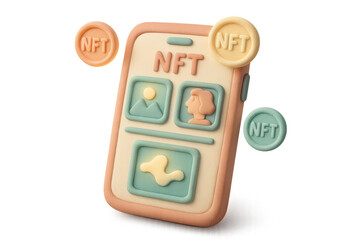 Colorful 3d nft concept with smartphone and coins for digital art