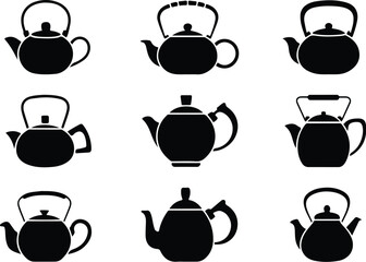Teapot Icon Set  Classic and Modern Tea Kettle Silhouette Collection Teapot and Teacup Icons  Kitchen, Café, and Beverage Vector Set