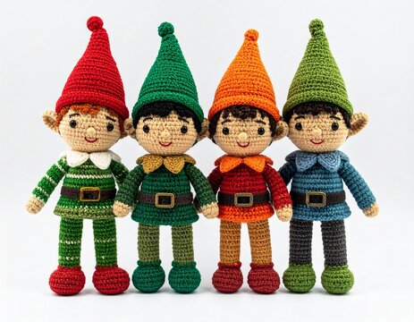 Petits lutins r&eacute;alis&eacute;s au crochet, isol&eacute;s sur fond blanc. Generated Image.