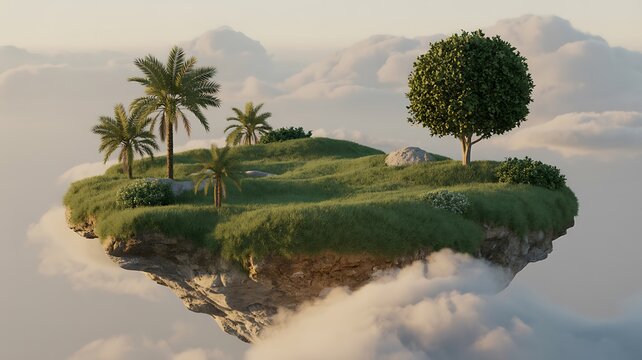 Verdant floating island with palm trees and clouds in a serene sky.