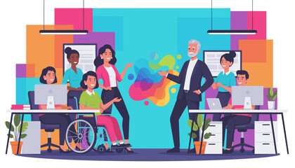 Diverse inclusive business team collaborating in a colorful modern office