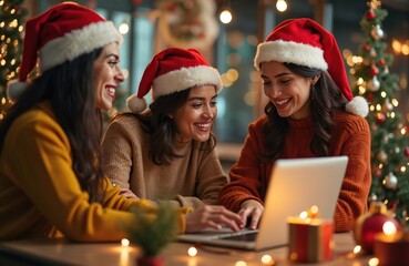 Women wear Santa hats, use laptop. Friends shop online at xmas, work at company. Girls smile, festive mood, holiday decor and celebrate winter holidays. Women use notebook at christmas party.