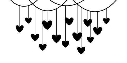 A group of hanging hearts. Black silhouette. Horizontal front view. Vector simple flat graphic illustration. Isolated object on a white background.