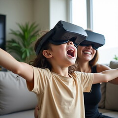 Little girl and mother wearing virtual reality headsets, symbol of family connection and digital innovation