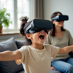 Little girl and mother wearing virtual reality headsets, symbol of family connection and digital innovation
