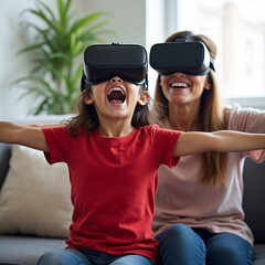 Little girl and mother wearing virtual reality headsets, symbol of family connection and digital innovation