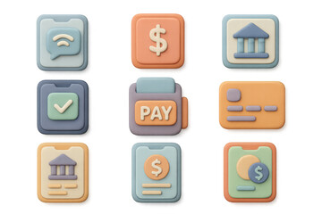 3d icon set: finance and banking app icons in soft pastel color palette