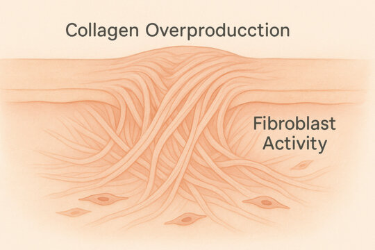Soft biomedical illustration shows collagen overproduction and fibroblast activity in skin dermis. This scar tissue formation details microscopic view of healing process