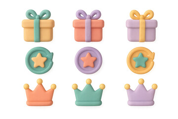 Colorful 3d gift boxes and crowns with stars and ribbons in pastel tones