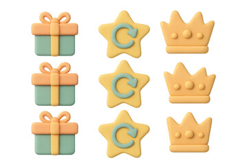 Cute 3d icons featuring gifts stars crowns with playful colors