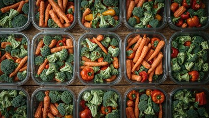 Fresh vegetables including carrots, broccoli, and cherry tomatoes arranged in plastic containers on a wooden surface