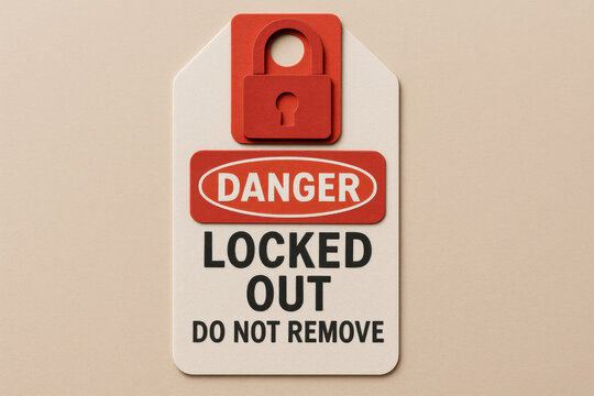 Red and white danger lockout tagout warning sign with bold message. workplace safety awareness design has layered cardstock texture and paper cut style notice