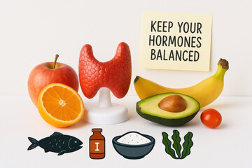 Thyroid gland model with healthy iodine rich food for balanced hormone diet. conceptual image for wellness and endocrinology with note for keeping hormones balanced