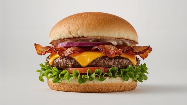 Hamburger with bacon, cheese, onion, lettuce, and a bun on a plain background.
