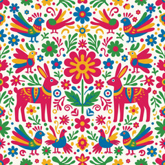 Vibrant Otomi-inspired folk pattern with colorful animals, birds, and flowers. Rich cultural design perfect for textiles, crafts, wallpapers, and packaging.. Vector illustration