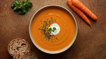 A bowl of carrot soup garnished with herbs and cream, with fresh carrots and bread slices on a rustic surface. Healthy food and meal concept. Vegetarian and nutritious meal ideas.