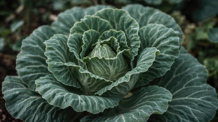 Obraz premium Green leafy cabbage plant in soil with large, textured leaves. Fresh vegetables and farming concept. Organic agriculture and healthy eating. The concept of gardening and cultivation.