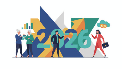 2026 business success concept with team growth charts and financial planning