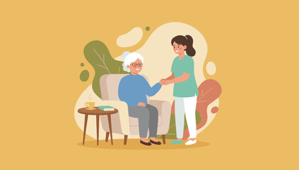 Nurse assisting elderly woman in an armchair Senior healthcare and home support illustration
