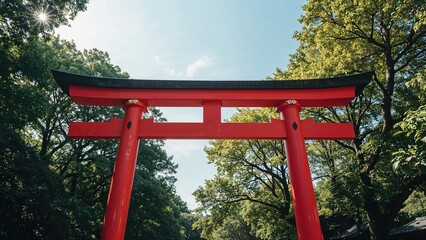 Bright red torii gate in a lush forest setting. Traditional Japanese gate, religious site, nature, scenic, cultural landmark, spiritual.