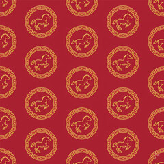 Elegant seamless pattern with golden horse emblems in circular frames on deep red background. Symbolic Asian zodiac design ideal for decor, textiles, and packaging. Vector illustration