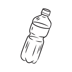 Handdrawn black line art of a plastic water bottle, tilted and isolated on a