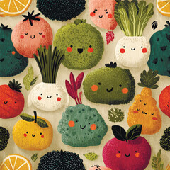 Colorful seamless pattern with adorable smiling vegetables in textured hand-drawn style. Playful, cheerful design perfect for kids products and packaging. Vector illustration