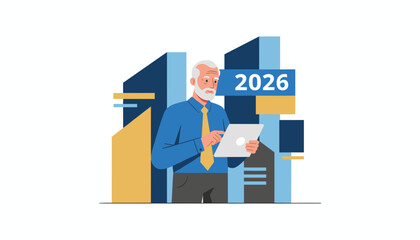 Executive using a tablet for 2026 business forecast and planning illustration