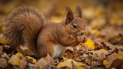 Obraz premium A squirrel in autumn with fallen leaves and a bushy tail. Wildlife and nature scene. Forest animals and seasonal change. The image of a small mammal in a natural outdoor setting.