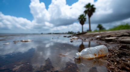 Polluted shoreline scattered with plastic bottles, food containers, and trash beside still reflective water. Palm trees mirrored on the surface, muddy ground, environmental destruc