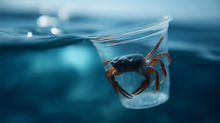 small crab trapped inside a floating plastic cup underwater, struggling to escape as sunlight filters through the ocean surface. The transparent plastic distorts the crabâs shape,
