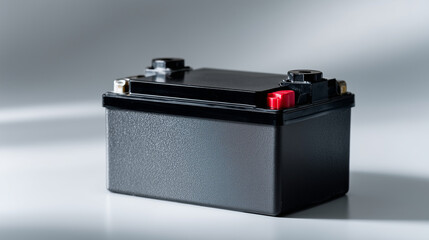A high-quality studio photograph of a modern black automotive car battery isolated on a clean pure white background. The battery features a rectangular textured plastic housing, vi