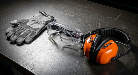 organized set of safety tools — gloves, goggles, ear muffs — arranged neatly on dark industrial surface