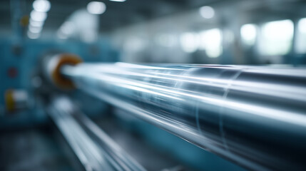 A highly detailed close-up of an automatic plastic bag production machine in operation. Shiny metal rollers pull and stretch transparent polyethylene film with high precision. The