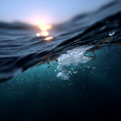 A realistic underwater scene showing plastic straws, carrier bags, food wrappers, and other floating garbage drifting just below the ocean surface. The sunlight filters through the