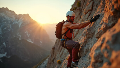 Muscular man in protective helmet climbs steep cliff. Mountaineer with rope and belay equipment ascends rocky mountain face. Alpinist in action on extreme sport adventure.