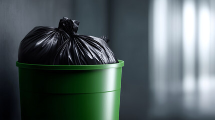 A realistic close-up scene of an overflowing green garbage bin filled with tightly packed black trash bags. Some of the bags hang over the edges, showing glossy stretched plastic t