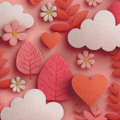 Soft paper-cut seamless pattern with textured hearts, flowers, leaves, and clouds in warm pink tones. Romantic and decorative design for holidays and packaging.. Vector illustration