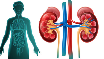 Anatomical illustration of human urinary system and internal organs, cutout, PNG isolated on white or transparent background