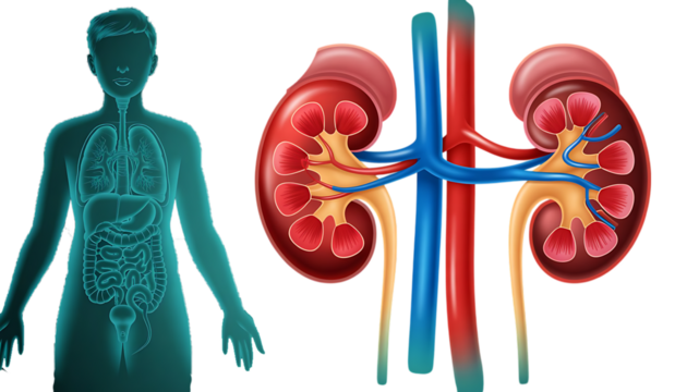 Anatomical illustration of human urinary system and internal organs, cutout, PNG isolated on white or transparent background