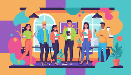 Diverse business team meeting in a vibrant modern office for collaboration and innovation