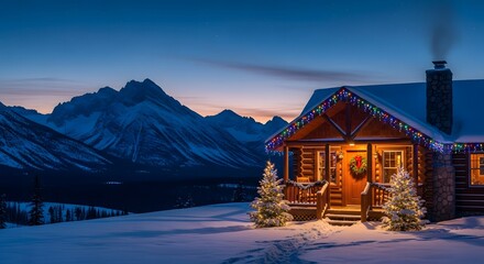 Cozy mountain cabin aglow at twilight with snowy peaks