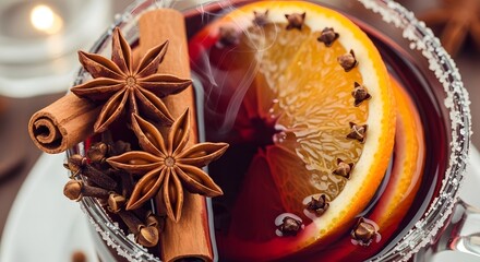 Warm spiced wine with citrus and star anise