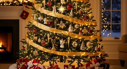 Festively decorated christmas tree with warm fireplace glow